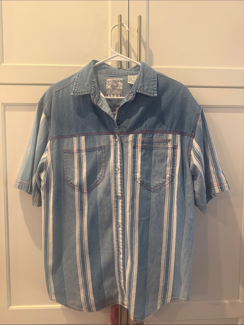 Vtg 90s Andrews Blues Denim Western Shirt L Pearl Snap Striped Colorblock Large